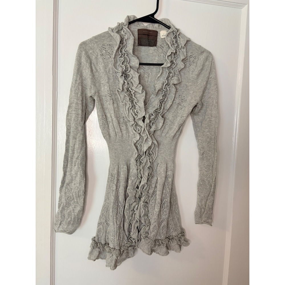 Anthropologie Guinevere Gray Pointelle Ruffle Knit Cardigan Sweater Cotton Small
